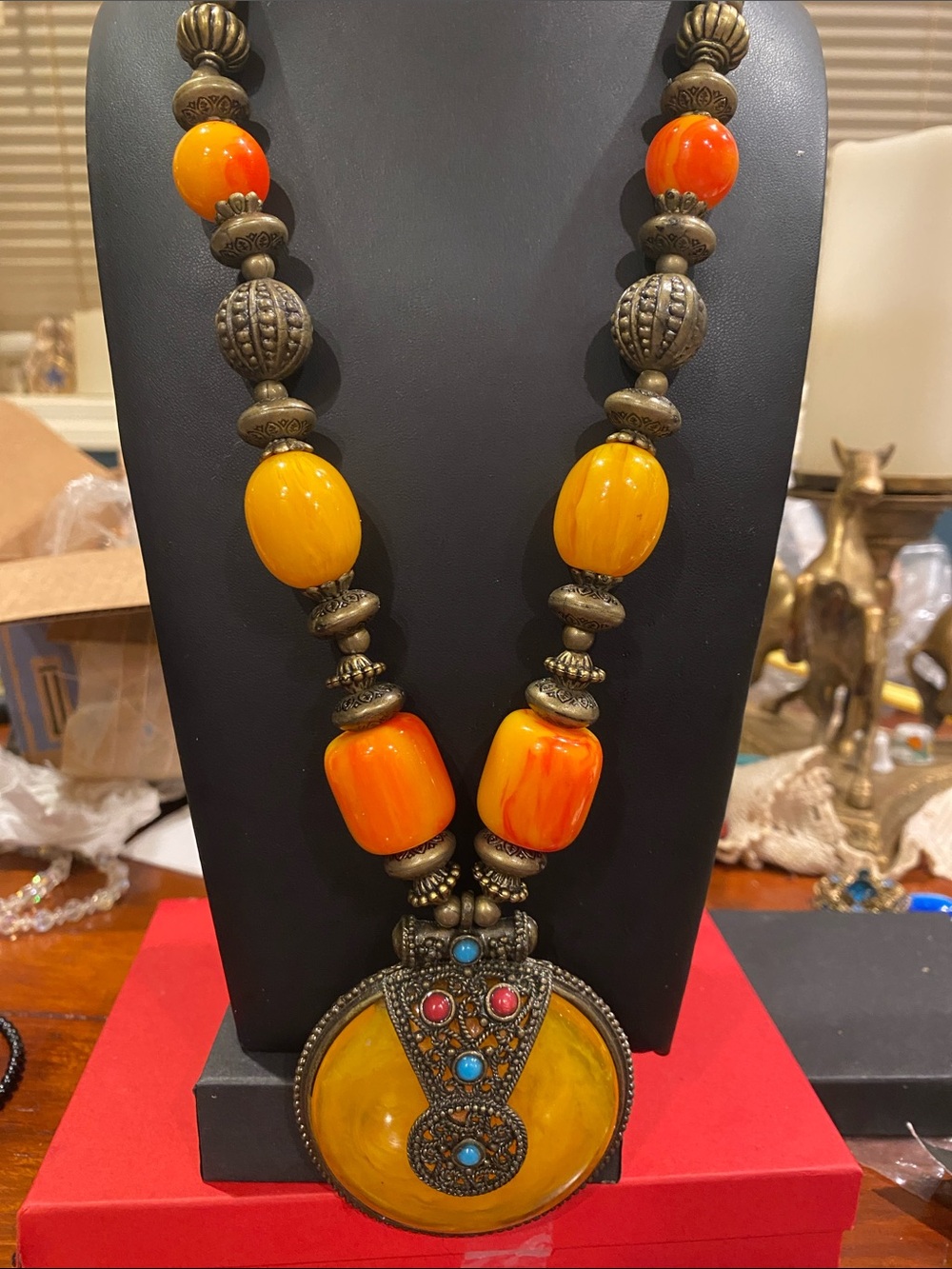 Moroccan Bold Orange & Yellow Statement Pendant Necklace